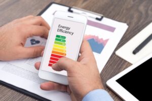 homeowner studying energy efficiency meter on smartphone