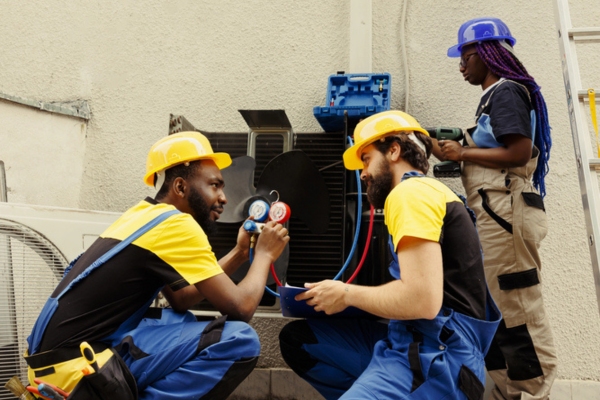 HVAC technicians examining unit for electrical issues