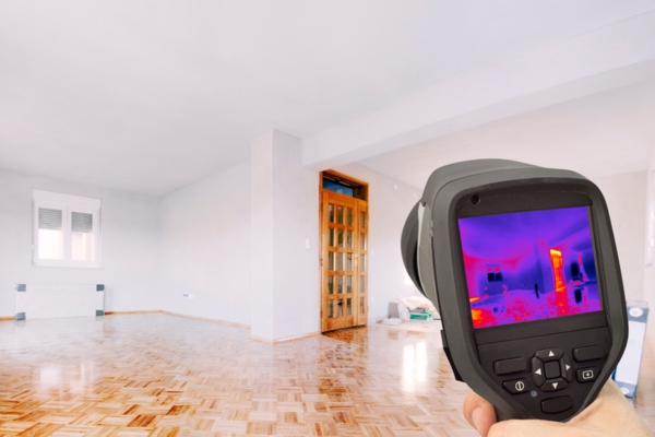 homeowner holding thermal gun inside the house inspecting energy efficiency