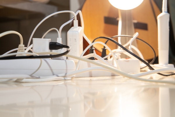 plugged appliances and chargers on extensions depicting phantom electricity usage